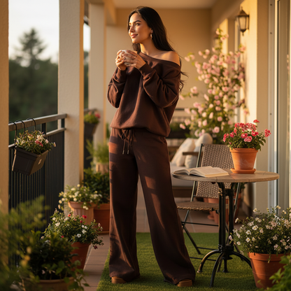 Women Lounge 2 Pieces Outfits Solid Color Off the Shoulder Long Sleeve Loose Fit Sweatshirt Tops and Wide Leg Pants Matching Set